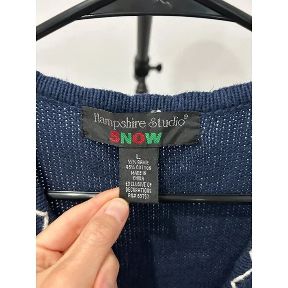 Hampshire Studio Snow Holiday Vest Navy Blue Festive Embroidery Sz L - Picture 5 of 8
